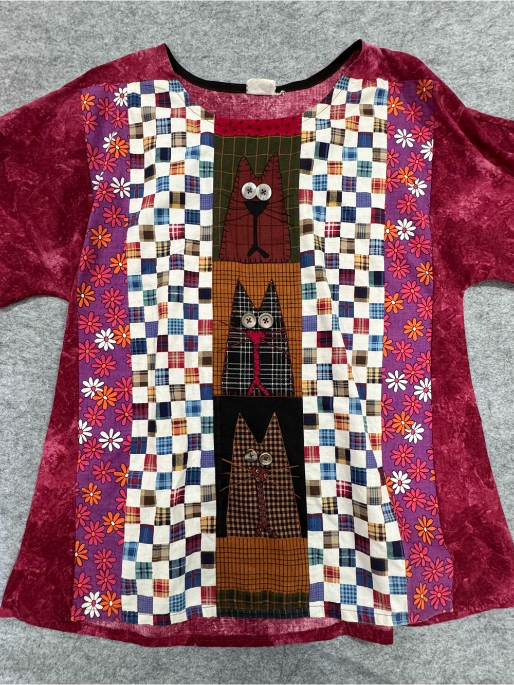 Vintage Pink Patchwork Cat Tunic with Floral Panels and Embroidered Accents